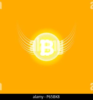 Bitcoin Cripto currency blockchain. Bitcoin flat logo on orange background. Bitcoin with wings Stock Vector