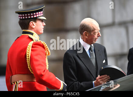 The Duke of Kent (right) arrives for a service to mark the 200th anniversary of the Most Distinguished Order of St Michael and St George at St. Paul's Cathedral in London. Stock Photo