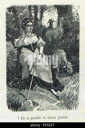 1879, El ingenioso hidalgo Don Quijote de la Mancha, Y dió en guardar su mesmo ganado, Mestres. Stock Photo