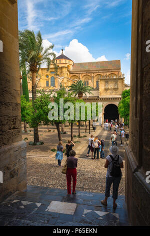 Cordoba Mezquita Patio, view of tourists entering the Patio de los Naranjos in La Mezquita - the Moorish Cathedral Mosque in Cordoba, Andalucia, Spain. Stock Photo