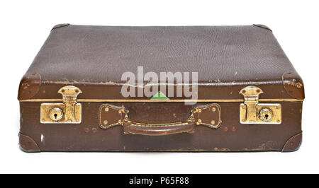Old suitcase, travel item, luggage or baggage. Vintage suitcase, retro, leather suitcase, isolated on white background. Stock Photo