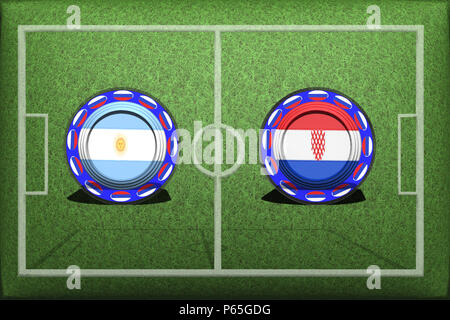 Football, World Cup 2018, Game Group D, Argentina - Croatia, Thursday, June 21, Button with national flags on the green grass. Stock Photo