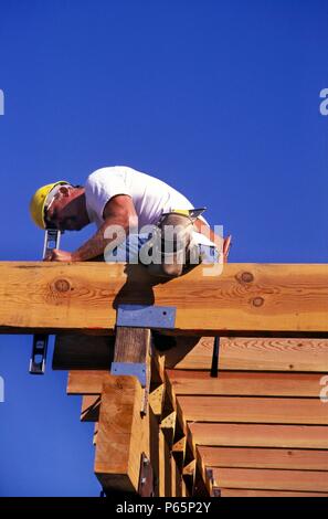 Carpenter using level on roof framing Stock Photo