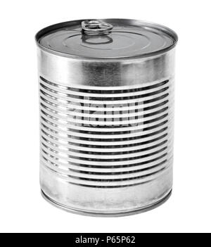 Metal can or aluminum lit, isolated on white background. Conserved food. Stock Photo