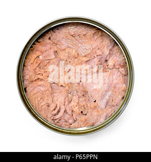 Tuna fish in a can, tuna can isolated on white background. Tinned tuna in oil. Stock Photo