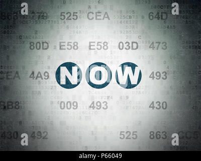 Time concept: Painted blue text Now on Digital Data Paper background with Hexadecimal Code Stock Photo