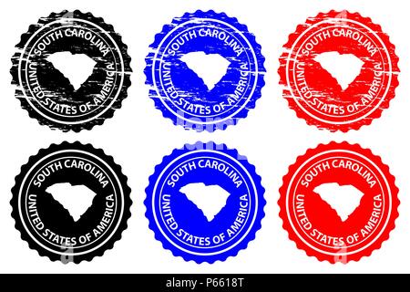 South Carolina - rubber stamp - vector, South Carolina (United States of America) map pattern - sticker - black, blue and red Stock Vector