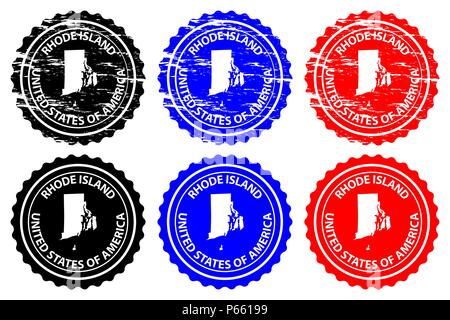 Rhode Island - rubber stamp - vector, Rhode Island (United States of America) map pattern - sticker - black, blue and red Stock Vector