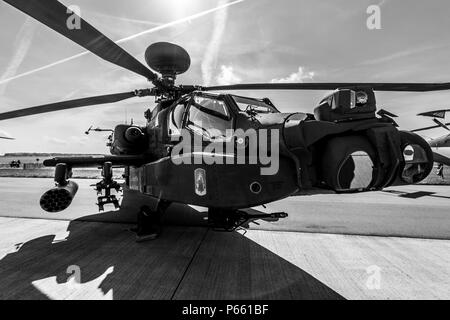 BERLIN, GERMANY - APRIL 27, 2018: Attack helicopter Boeing AH-64D Apache Longbow. US Army. Black and white. Exhibition ILA Berlin Air Show 2018 Stock Photo