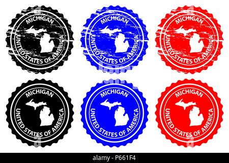 Michigan - rubber stamp - vector, Michigan (United States of America) map pattern - sticker - black, blue and red Stock Vector