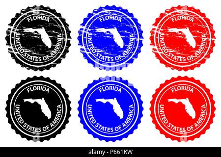 Florida - rubber stamp - vector, Florida (United States of America) map pattern - sticker - black, blue and red Stock Vector