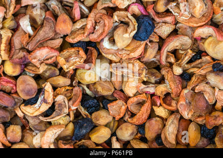 Background of organic dried fruits and home-made nuts. Close up Stock Photo