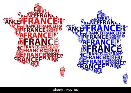 Sketch France letter text map, French Republic - in the shape of the continent, Map France - red and blue vector illustration Stock Vector