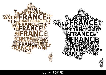 Sketch France letter text map, French Republic - in the shape of the continent, Map France - black and brown vector illustration Stock Vector