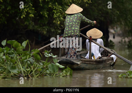 Vietnamese woman standing in lake fishing for shellfish with rake ...