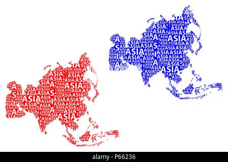 Sketch Asia letter text continent, Asia word - in the shape of the continent, Map of continent Asia - red and blue vector illustration Stock Vector