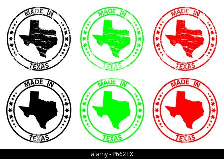 Made in Texas- rubber stamp - vector, Texas (United States of America) map pattern - black, green  and red Stock Vector