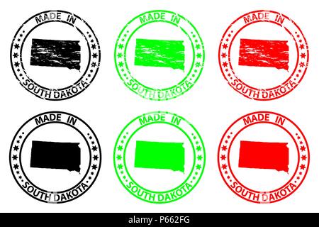 Made in South Dakota - rubber stamp - vector, South Dakota (United States of America) map pattern - black, green and red Stock Vector