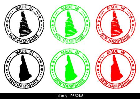 Made in New Hampshire - rubber stamp - vector, New Hampshire (United States of America) map pattern - black, green and red Stock Vector