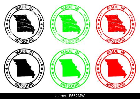 Made in Missouri - rubber stamp - vector, Missouri (United States of America) map pattern - black, green  and red Stock Vector