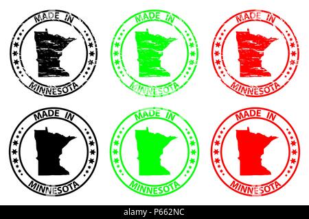 Made in Minnesota - rubber stamp - vector, Minnesota (United States of America) map pattern - black, green  and red Stock Vector