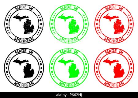 Made in Michigan - rubber stamp - vector, Michigan (United States of America) map pattern - black, green  and red Stock Vector