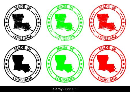 Made in Louisiana - rubber stamp - vector, Louisiana (United States of America) map pattern - black, green and red Stock Vector