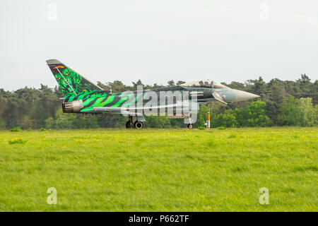 BERLIN, GERMANY - APRIL 27, 2018: Multirole fighter Eurofighter Typhoon on the runway. Exhibition ILA Berlin Air Show 2018 Stock Photo