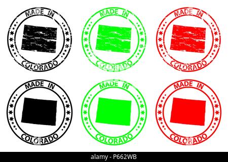 Made in Colorado - rubber stamp - vector, Colorado (United States of America) map pattern - black, green  and red Stock Vector