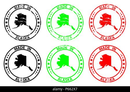 Made in Alaska - rubber stamp - vector, Alaska (United States of America) map pattern - black, green and red Stock Vector