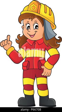 Vector illustration of a female firefighter in full gear holding a fire ...