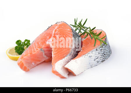 Two fresh Norwegian salmon steaks on white background Stock Photo