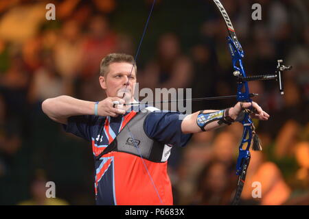 Gareth Paterson of Team United Kingdom competes in the archery finals of the 2016 Invictus Games at the ESPN Wide World of Sports Complex, Orlando, Fla., May 9, 2016. The Invictus Games are an adaptive sports competition which was created by Prince Harry of the United Kingdom after he was inspired by the DoD Warrior Games. This event brings together wounded, ill, and injured service members and veterans from 15 nations for events including: archery, cycling, indoor rowing, powerlifting, sitting volleyball, swimming, track and field, wheelchair basketball, wheelchair racing, wheelchair rugby an Stock Photo