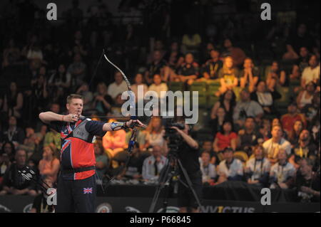 Gareth Paterson of Team United Kingdom competes in the archery finals of the 2016 Invictus Games at the ESPN Wide World of Sports Complex, Orlando, Fla., May 9, 2016. The Invictus Games are an adaptive sports competition which was created by Prince Harry of the United Kingdom after he was inspired by the DoD Warrior Games. This event brings together wounded, ill, and injured service members and veterans from 15 nations for events including: archery, cycling, indoor rowing, powerlifting, sitting volleyball, swimming, track and field, wheelchair basketball, wheelchair racing, wheelchair rugby an Stock Photo