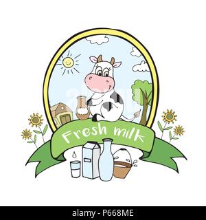 Positive, happy cow with milk, funny cartoon banner or logo , vector illustration. Stock Vector