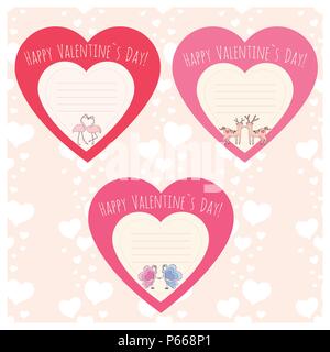 Hearts with Couple of deer,flamingo and butterfly. Valentine's Day template cards or stickers. Vector illustration Stock Vector