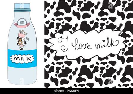 Milk bottle with Smile and cute cow,Cow skin pattern with inscription,stock vector illustration Stock Vector