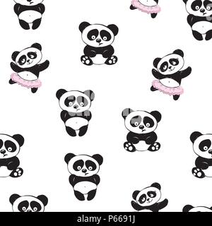 Cute Panda in various poses seamless pattern, hand drawing, vector Stock Vector