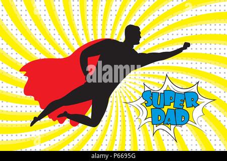 Silhouette of a flying superhero and super dad text in retro comic style .Stock vector illustration Stock Vector