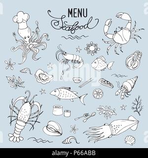 Seafood set,icons or objects,stock vector illustration Stock Vector