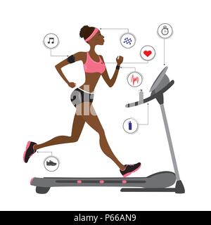 fashion african american girl running on a treadmill. Stock Vector