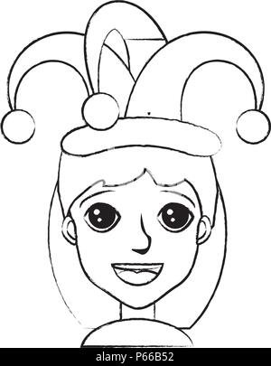 sketch of Cartoon girl with jester hat over white background, vector illustration Stock Vector