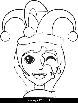 sketch of Cartoon girl with jester hat over white background, vector illustration Stock Vector
