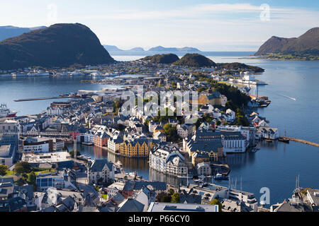 View of Alesund from the Fjellstua Viewpoint on top of the mount Aksla, More og Romsdal, Norway. Stock Photo