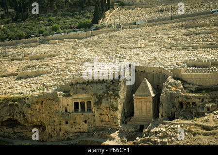 Tomb of Prophet Zechariah in the Kidron Valley,  Jerusalem. Jewish cemetery in the background. Filtered image Stock Photo