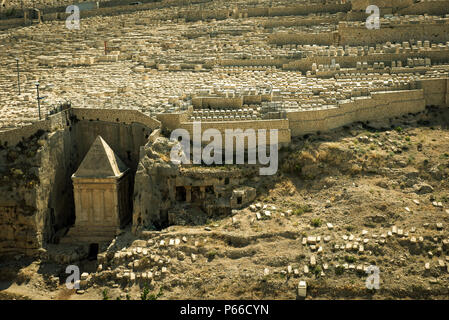 Tomb of Prophet Zechariah in the Kidron Valley,  Jerusalem. Jewish cemetery in the background. Vintage image Stock Photo