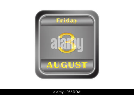 On a embossed metal plate, the gold date stamping is August 3, Friday Stock Photo