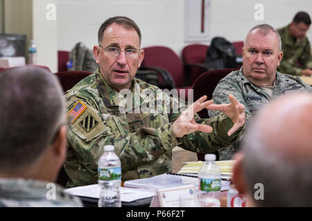 Gen. Robert B. Abrams, Commander, U.S. Army Forces Command, meets with the adjutants’ generals and their representatives from Federal Emergency Management Agency Regions 1 and 2, which includes Connecticut, Maine, Massachusetts, New Hampshire, New Jersey, New York, Puerto Rico, Rhode Island, Vermont, and the Virgin Islands, at the New Jersey National Guard's Joint Training and Training Development Center, at Joint Base McGuire-Dix-Lakehurst, N.J., May 5, 2016. The meeting is a part of a series of engagements between the FORSCOM commander and adjutants general that provide a forum for informati Stock Photo