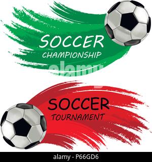 Ball icon and banner for soccer fan club or college league, tournament for cup, vector illustration of soccer ball in flight, colored trail from fligh Stock Vector