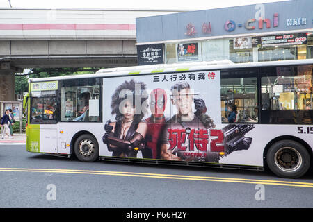 Deadpool,2,movie,poster,advertisement,on,bus,Shilin,Taipei,Taipei City,Taiwan,city,island,Republic of China,ROC,China,Chinese,Taiwanese,Asia,Asian, Stock Photo